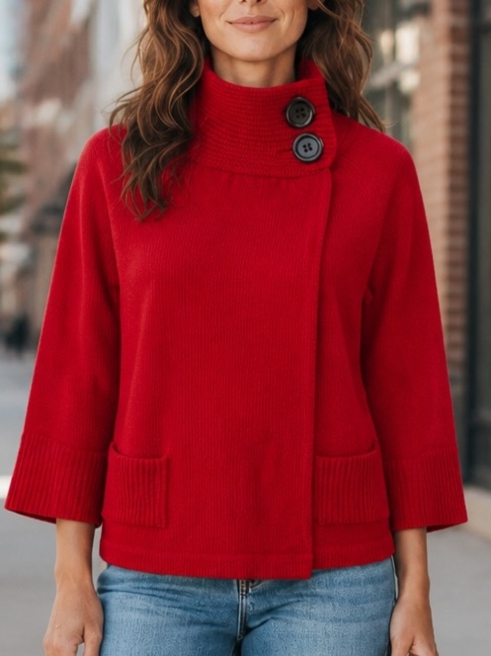 Jones New York Luxe Red Wrap High Neck Fine Merino Wool Sweater Size M